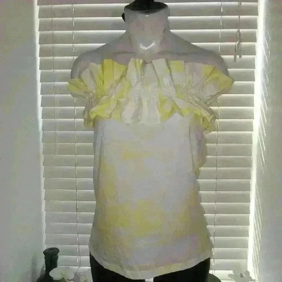 Women's White and Yellow Strapless Super Wide Shoulder Ruffle Top by Man… - Picture 2 of 11